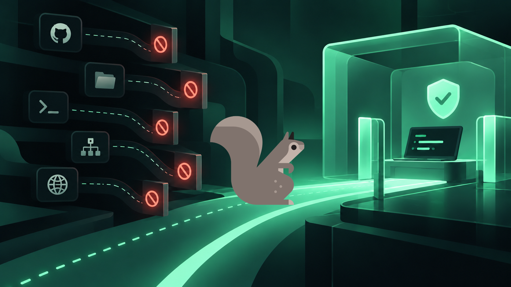 A squirrel approaches an isolated coding environment while access to git history, workspaces, processes, and the web is blocked